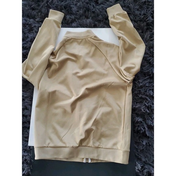 Jian Wang 2XL Men's 2 Pc Retro Zip Up Pockets Beige Striped Trim Track Suit - Picture 12 of 15